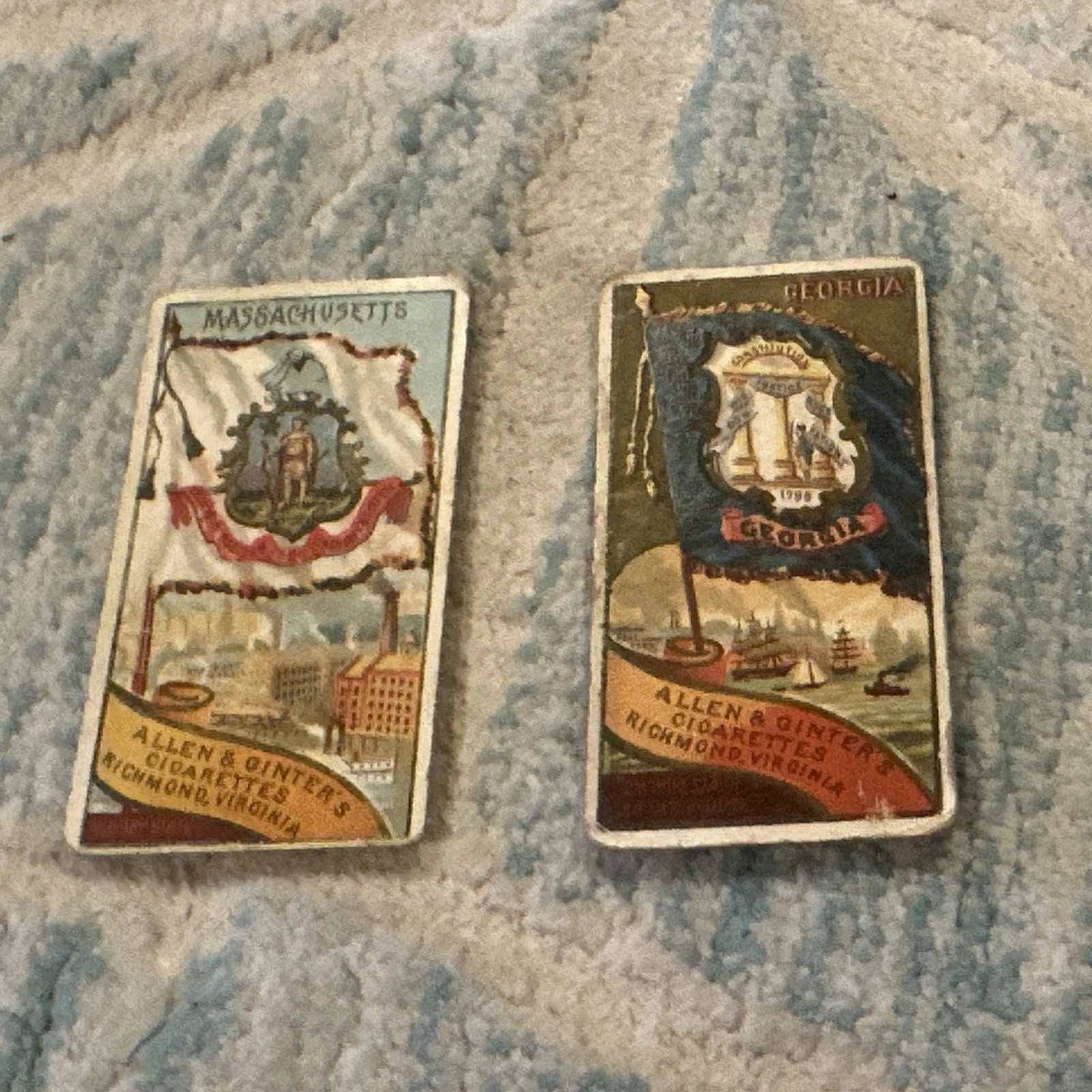 (2) Vintage 1888 Allen & Ginter State Flag Tobacco Cards Massachusetts & Georgia