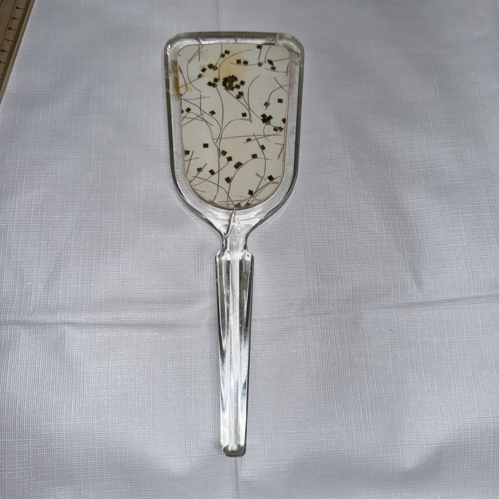 1960s Jewelite Beige and Gold Flare Plastic Hand Mirror 1960s Jewelite Beige and Gold Flare Plastic Hand Mirror