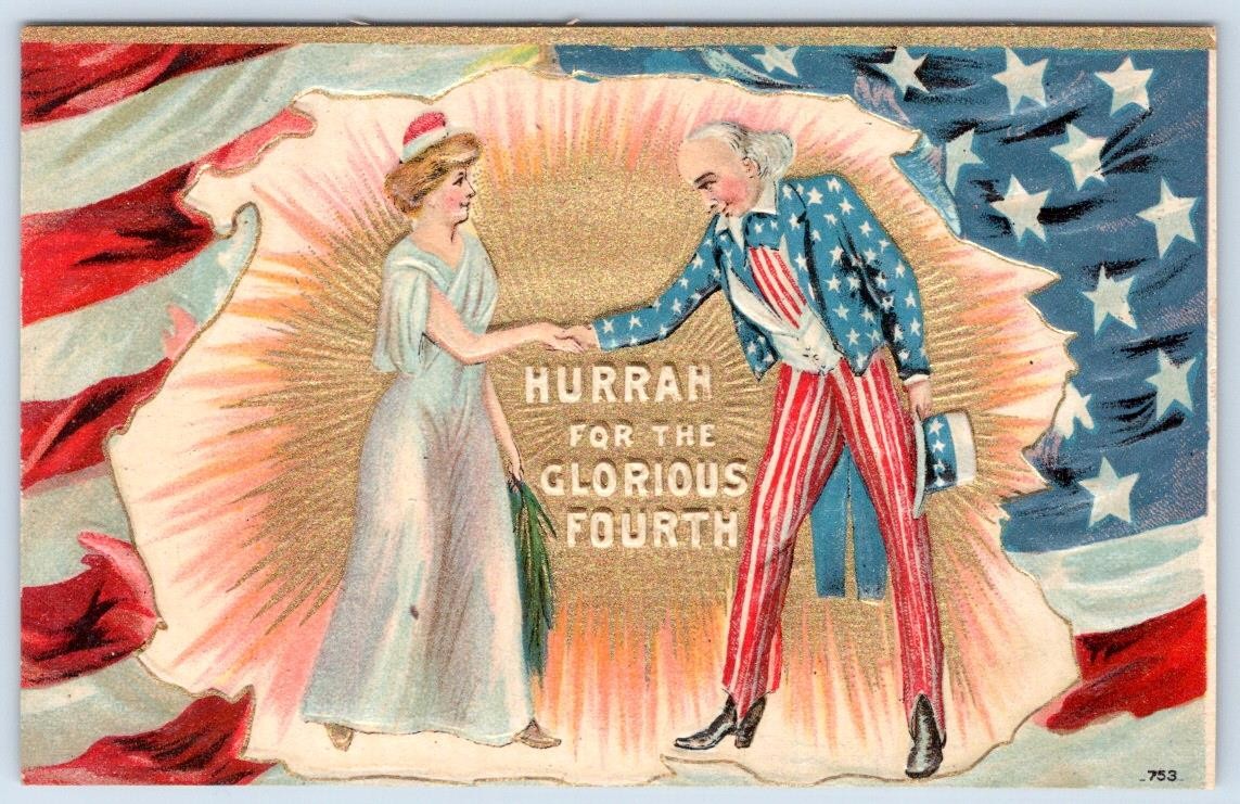 1909 UNCLE SAM LADY LIBERTY GLORIOUS 4th of JULY EMBOSSED PATRIOTIC POSTCARD