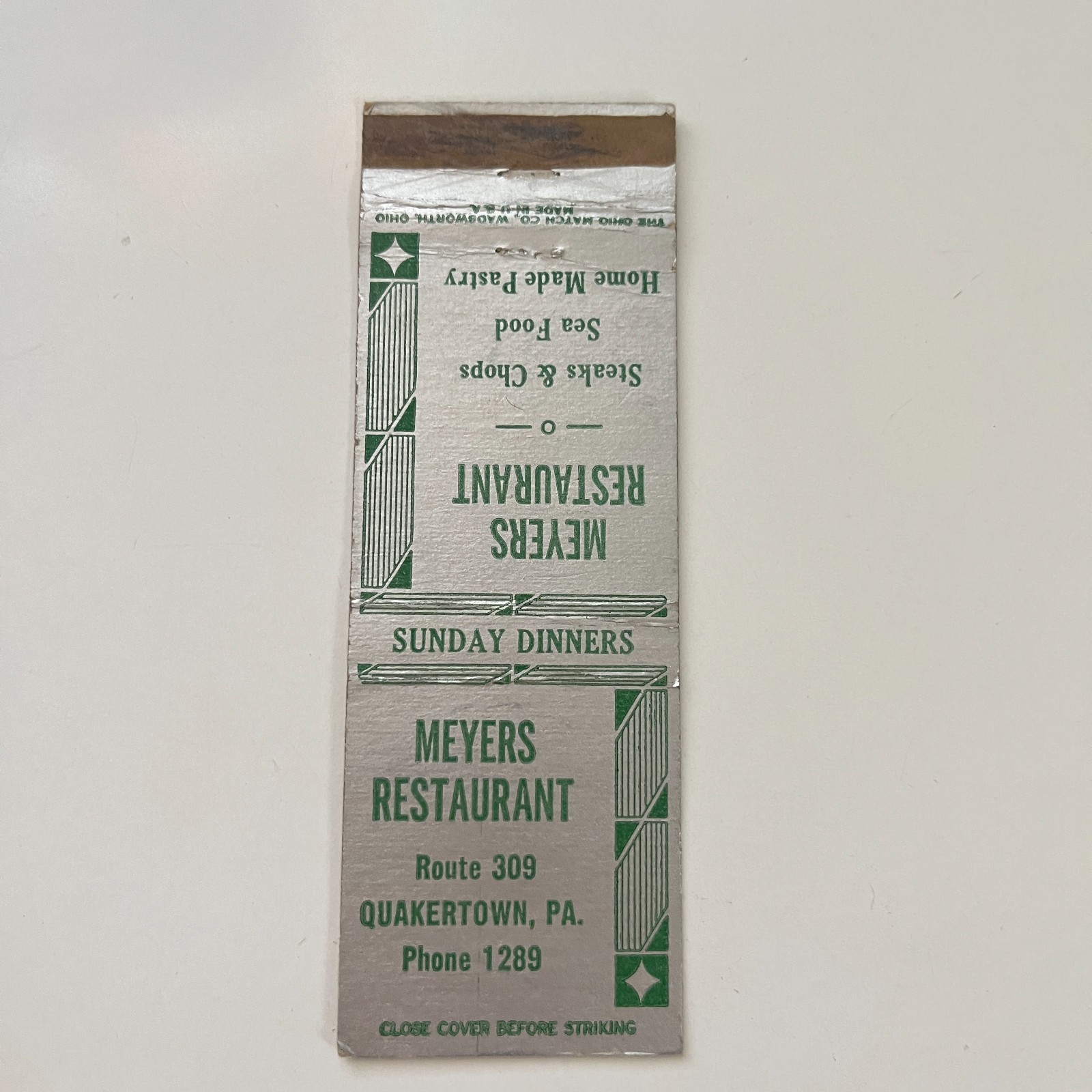 Meyers Restaurant Route 309 1953 Quakertown PA Vintage Matchbook Cover TMB84-5