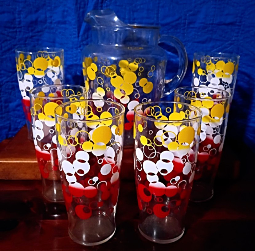 Vintage 1950s 1960s Federal Glass Orbit Atomic Dot Pitcher & 6 Glasses HOT NICE 