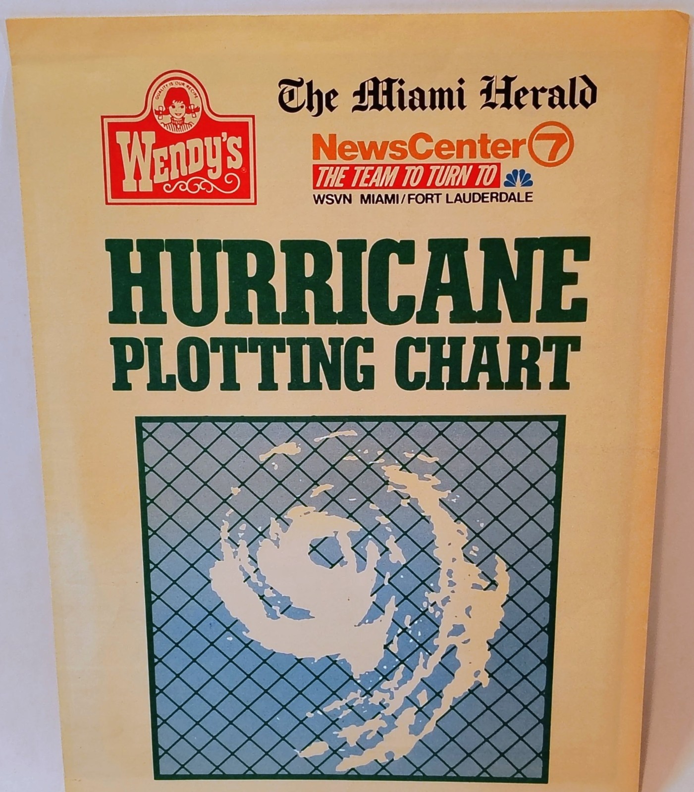 Vtg. (1986) Hurricane Plotting Chart Miami Herald News Center 7 Weather Wendy\'s