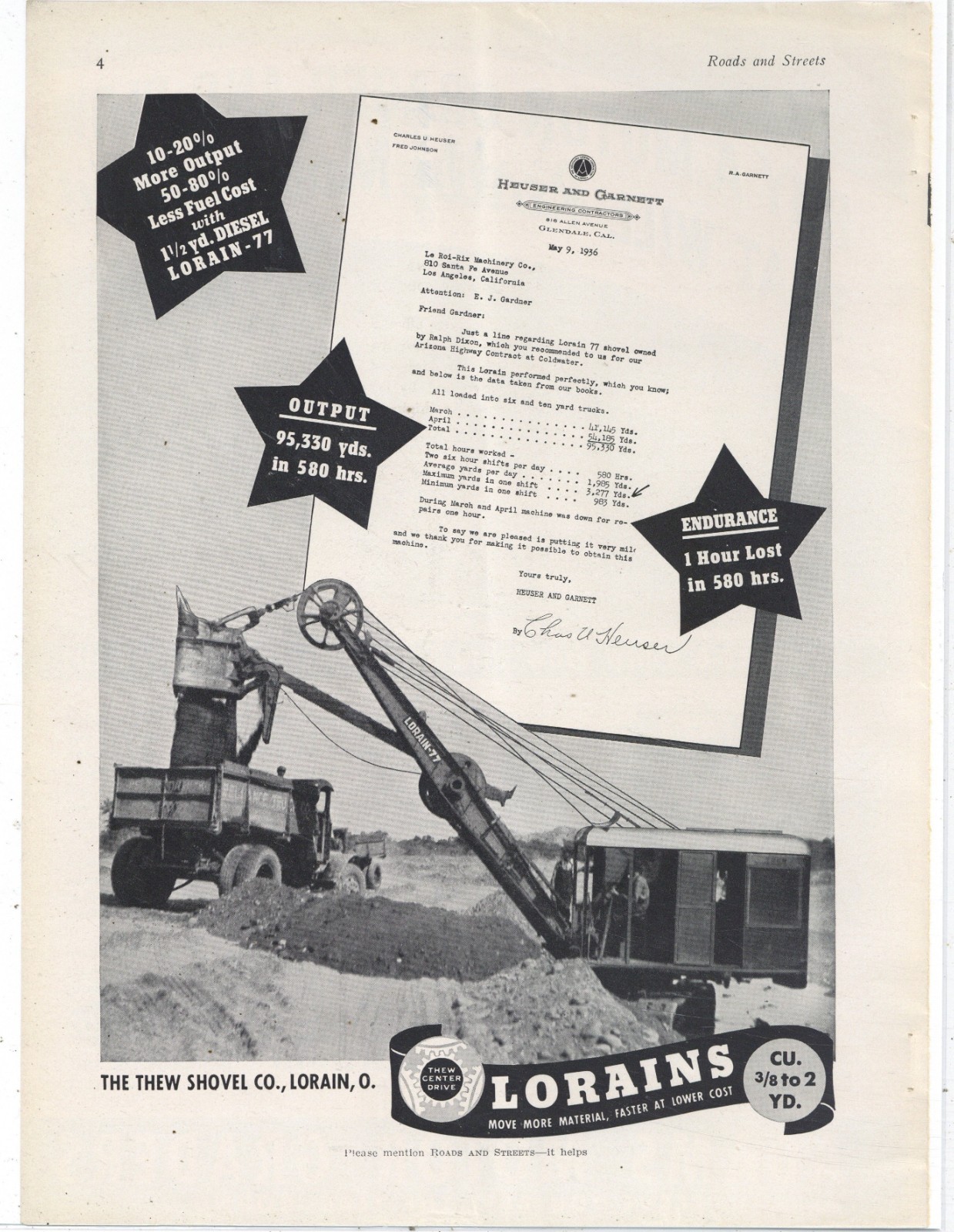 1936 Thew Shovel Lorain OhiO Ad: Lorains 4 Heuser & Garnett Glendale California
