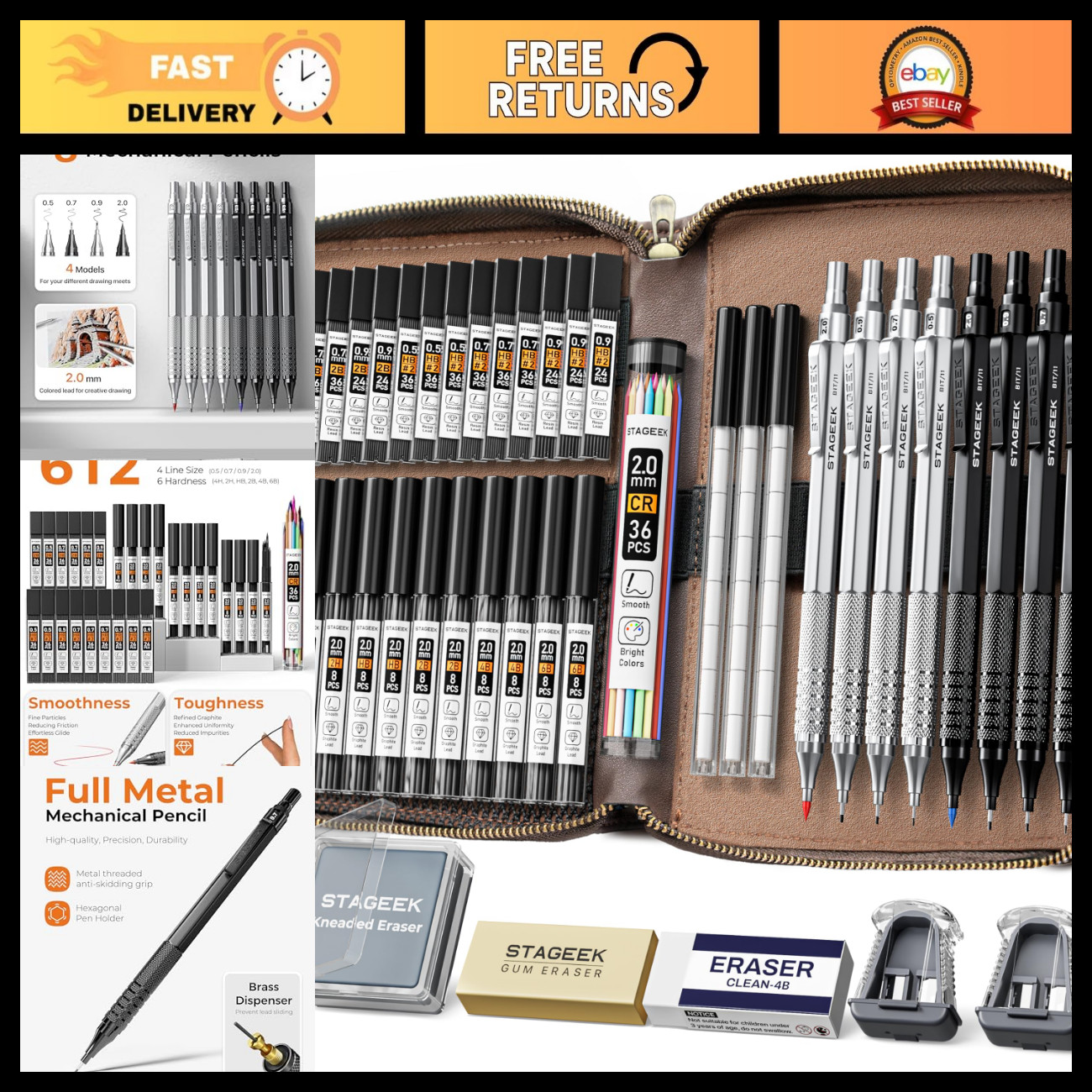 45PCS Black Silver Metal Mechanical Pencil Set with Leather Case - Art & School