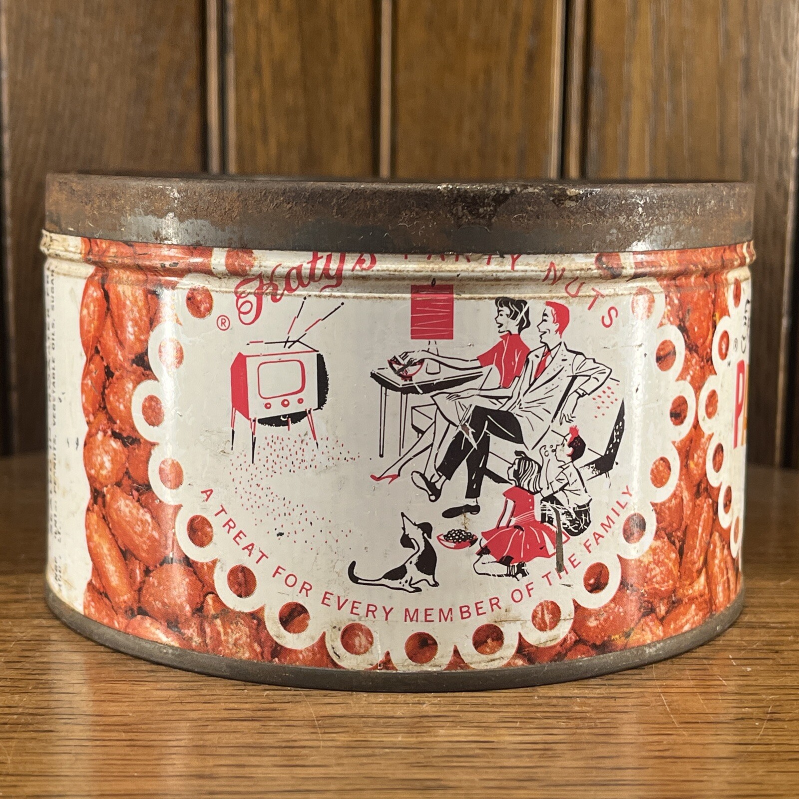 Vintage Katy’s Party Nuts Tin Can Bloomington ILL Art Display Picture History