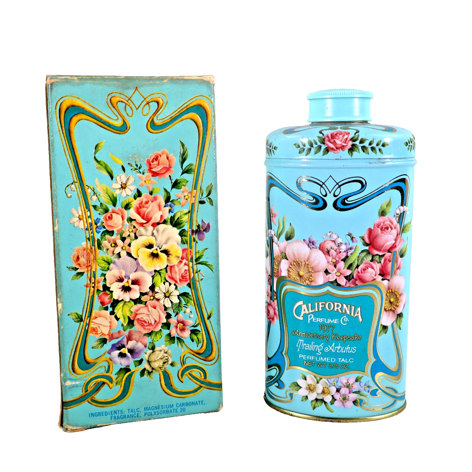 Vtg 1977 AVON Trailing Arbutus California Perfume Co Talc Powder tin + box Full