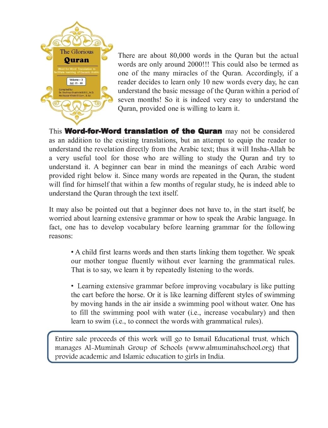 The Glorious Quran Word-for-Word Translation to facilitate learning of Quranic A