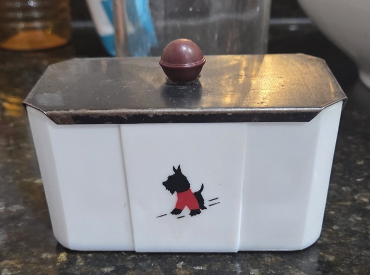 McKee Tipp City Scottie Terrier Dog Red Sweater Milk Glass Grease Jar and Lid McKee Tipp City Scottie Terrier Dog Red Sweater Milk Glass Grease Jar and Lid
