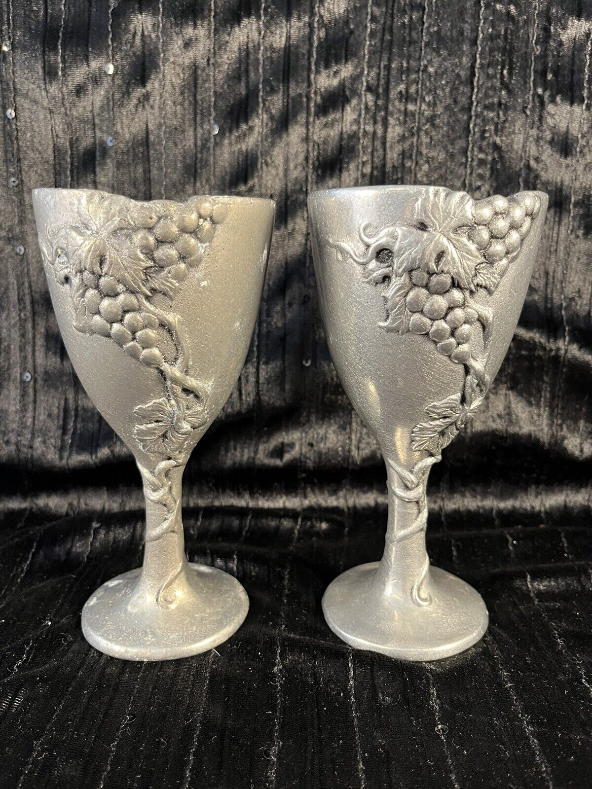 Pewter Wine Goblets Chalices Grapevine Embossed Set Of 2 Grapes Leaves Vines