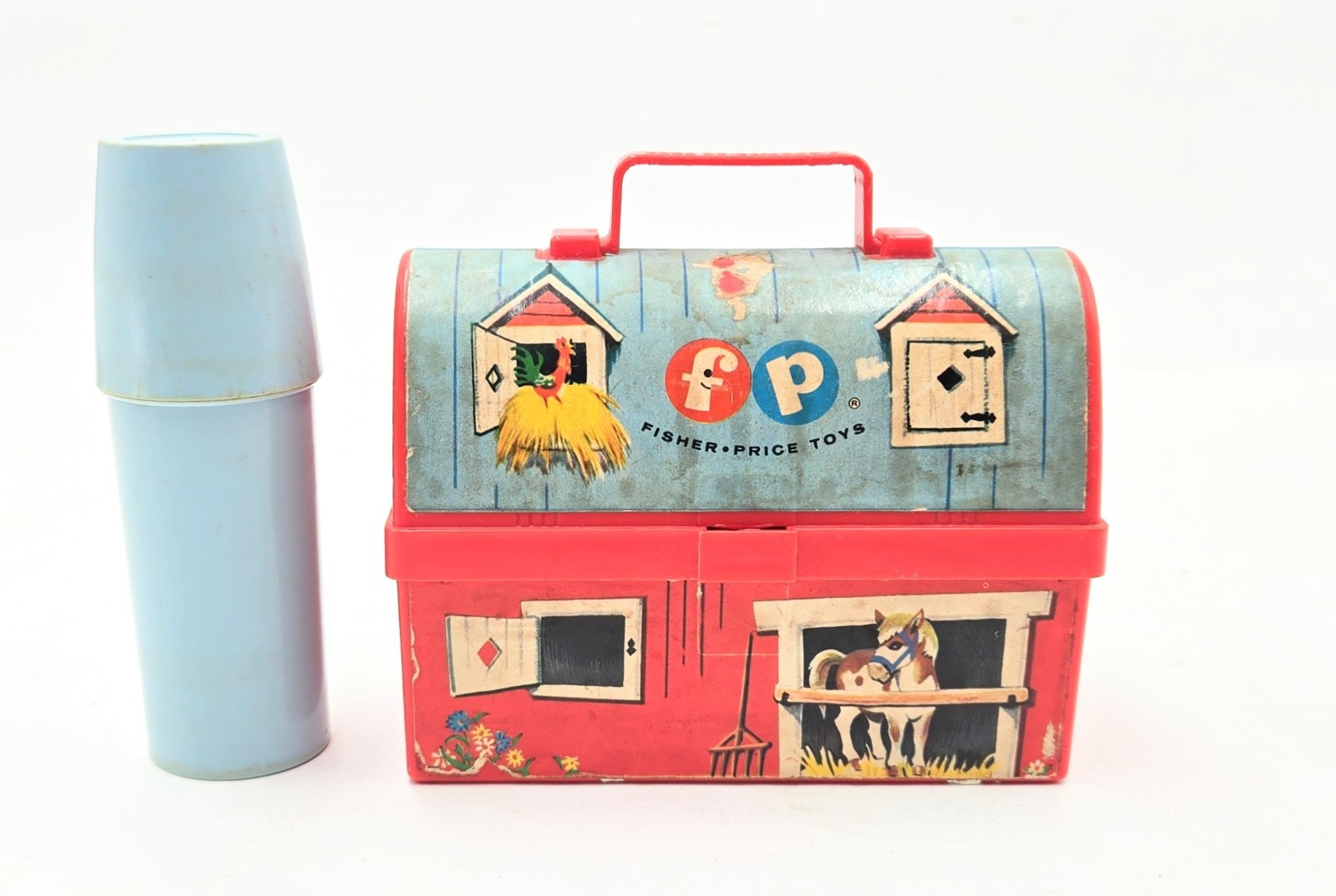 ​VTG 1962 Fisher Price Lunch Box Thermos Set #549 Farm Barn Toy Plastic 