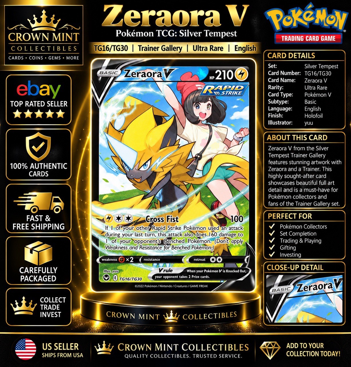 Pokémon TCG Zeraora V TG16/TG30 Silver Tempest Trainer Gallery Holo Ultra Rare