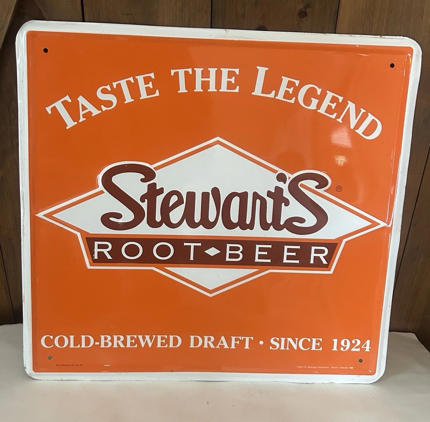 Vintage STEWART'S ROOT BEER SIGN Stout Co. Metal Sign 17” X 18” 1995 EX COND Vintage STEWART'S ROOT BEER SIGN Stout Co. Metal Sign 17” X 18” 1995 EX COND