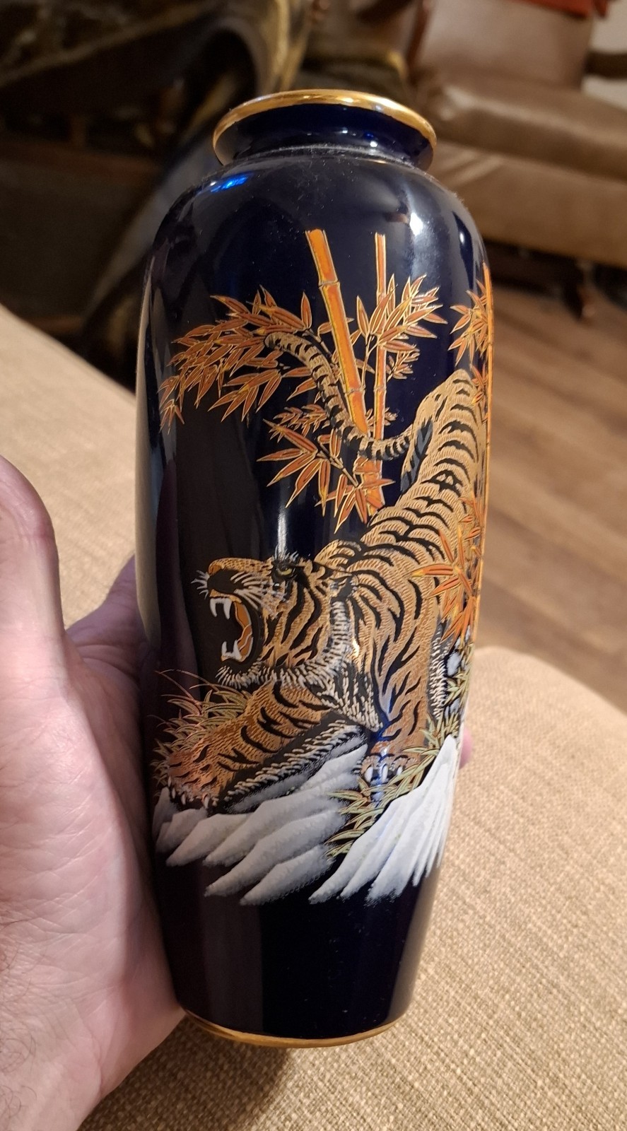 Vintage MCM Roaring Tiger Bamboo & Rocks Cobalt Blue Porcelain vase. 9 inches.