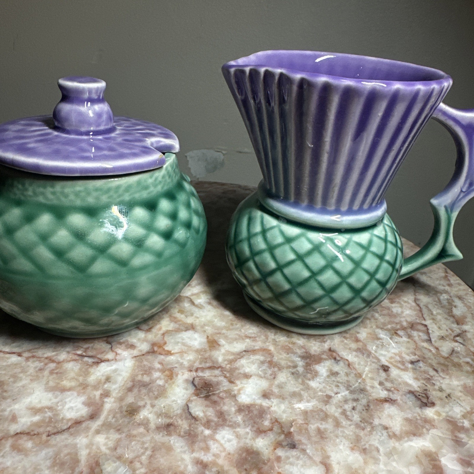 Scottish Highland THISTLE CERAMIC Creamer And Sugar With Lid Rare Scottish Highland THISTLE CERAMIC Creamer And Sugar With Lid Rare