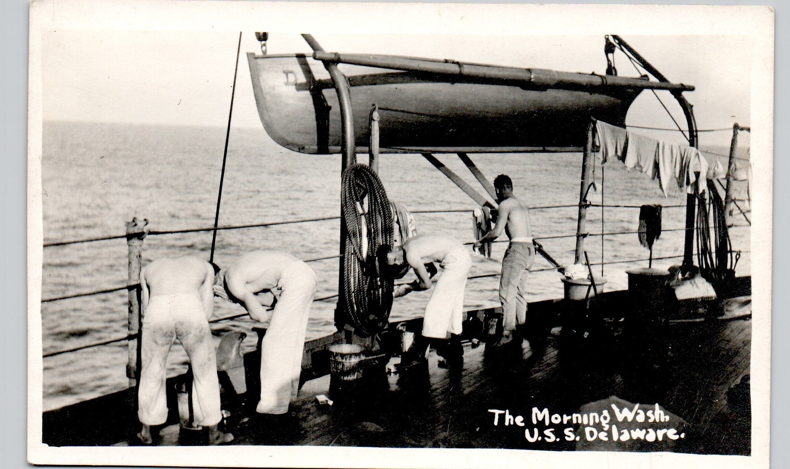 USS DELAWARE NAVY SAILORS LAUNDRY SHIP DECK c1910 postcard real photo rppc boat