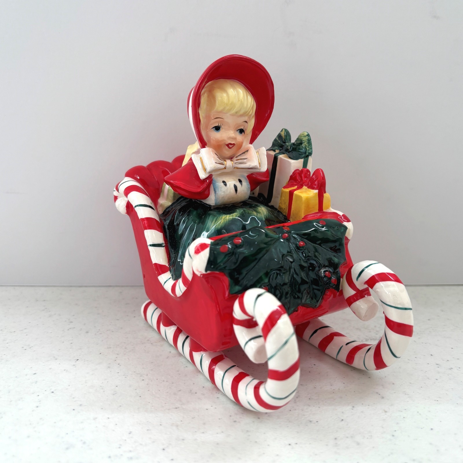 Lefton Vintage Christmas Shopper Girl Candy Cane Sleigh 1950s Holiday Kitch