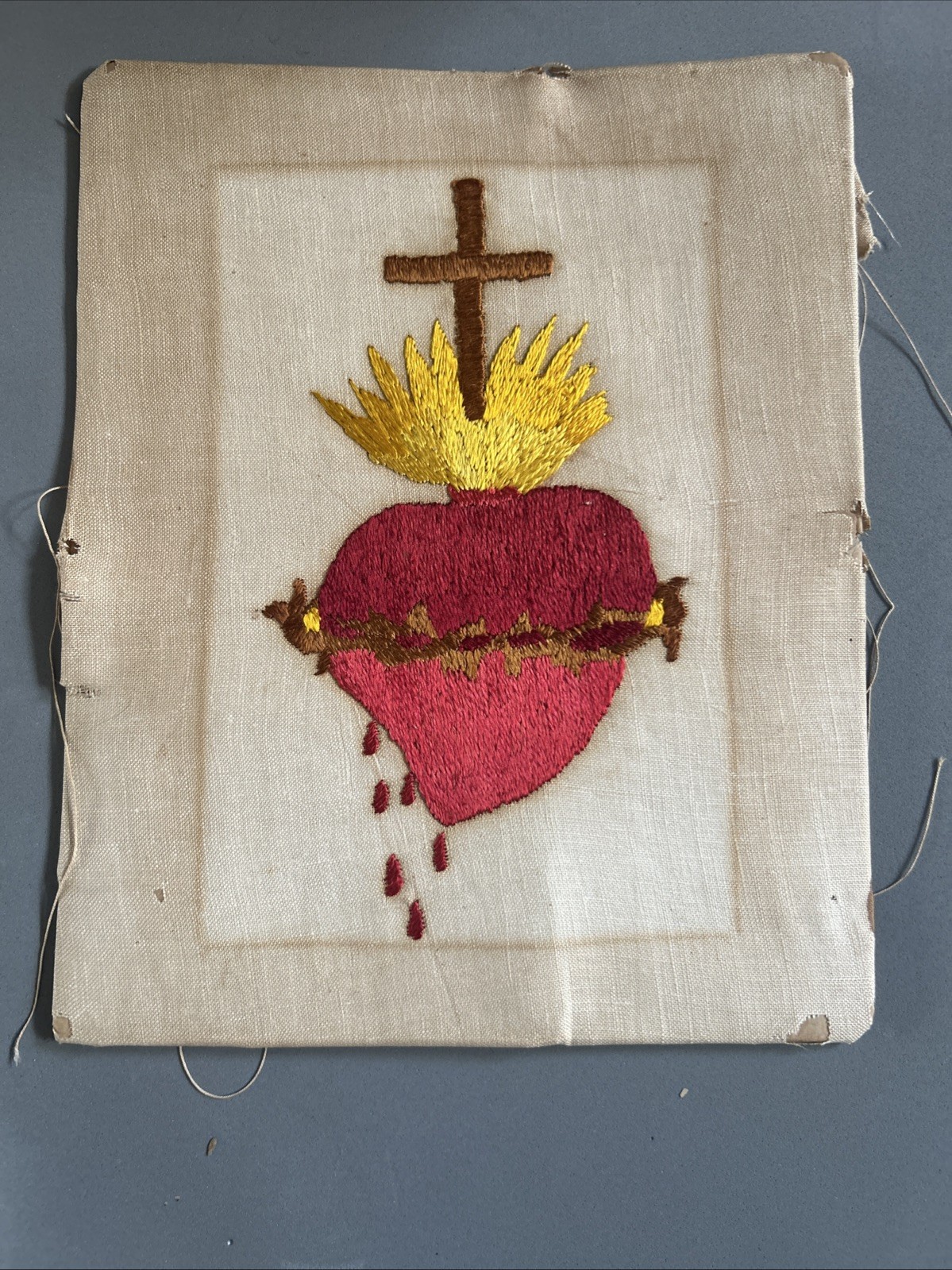 Antique Handcrafted religious Embroidered Sacred Heart 10” x 8” linen fabric