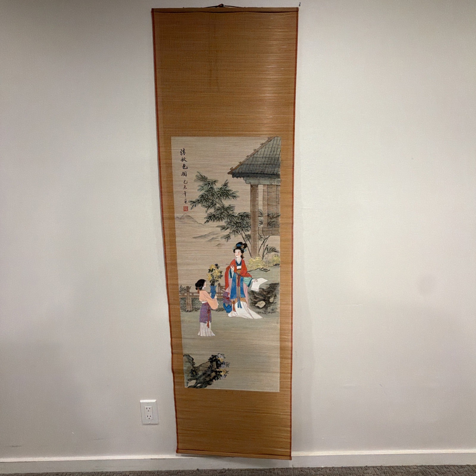 Vintage 6 ft Chinese Bamboo Scroll Hand Painted Flower Garden Signed w/ Red Seal
