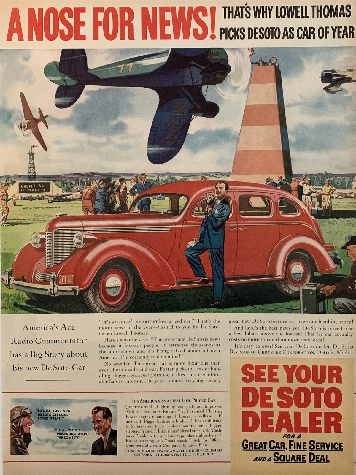 1937 vintage DeSoto automobile print ad, A Nose For News