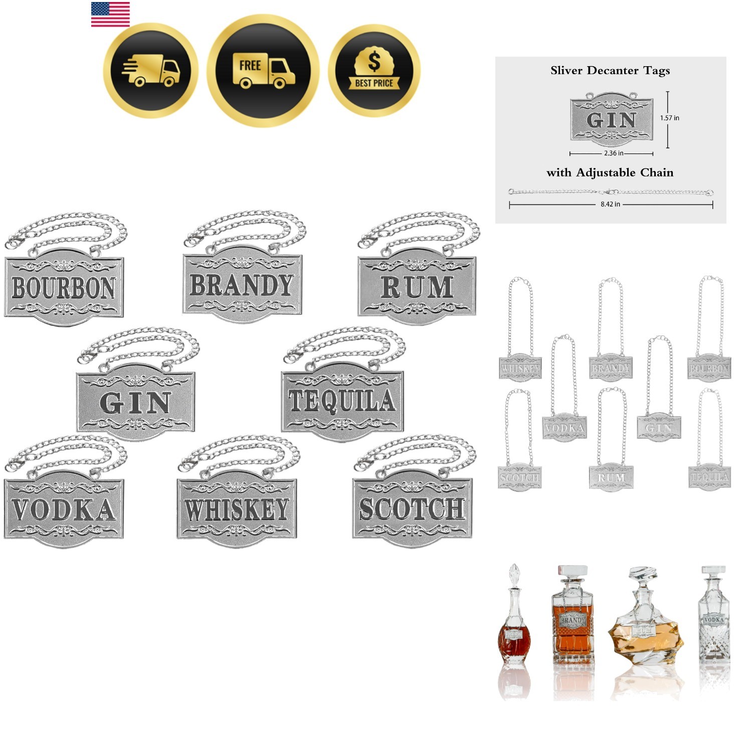 Decanter Tags Liquor Tags, Set of 8, Gorgeous Silver | Liquor Decanter Label:...