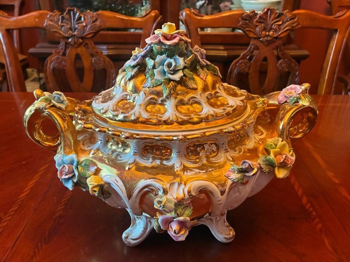 Vintage Capodimonte Style Gilt Porcelain Tureen 15” w