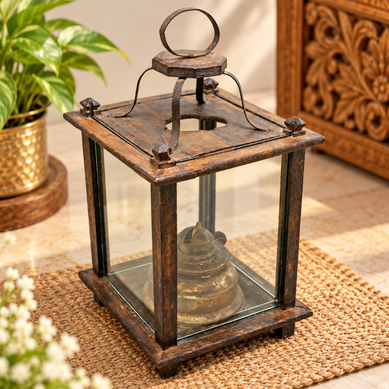 Antique Fine Handcrafted Wooden Cage with Glass covered wind protected Oil Lamp Antique Fine Handcrafted Wooden Cage with Glass covered wind protected Oil Lamp