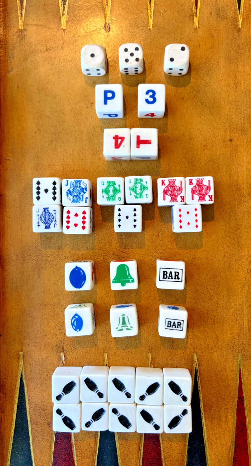 Vintage Mid Century Casino Dice Lot - 42 Pc Mega Set: Poker, Slot, Bowling, Wood Vintage Mid Century Casino Dice Lot - 42 Pc Mega Set: Poker, Slot, Bowling, Wood
