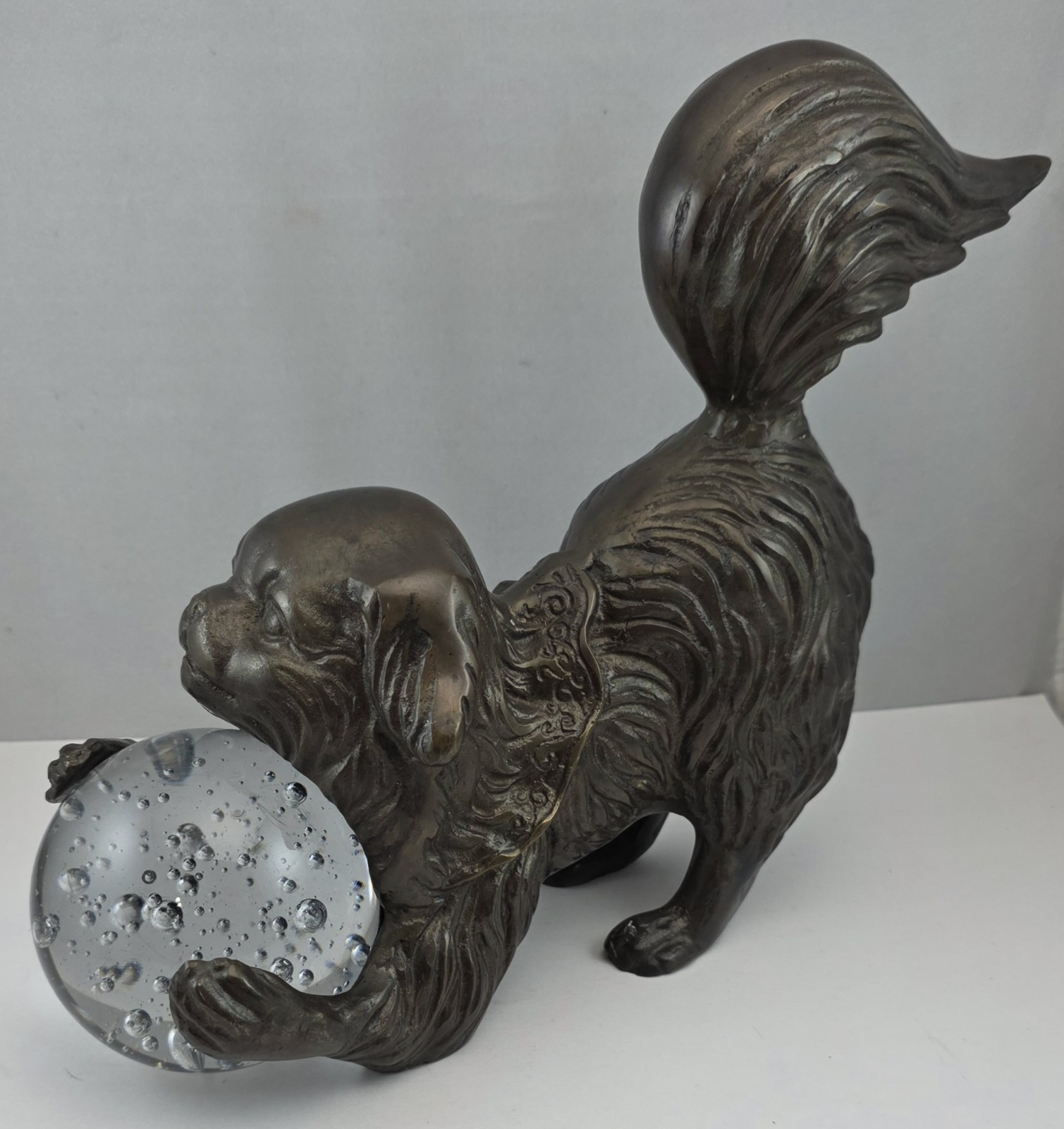 Vintage Large Heavy Bronze Japanese Chin / Pekingese Dog w/ Glass Ball Vintage Large Heavy Bronze Japanese Chin / Pekingese Dog w/ Glass Ball