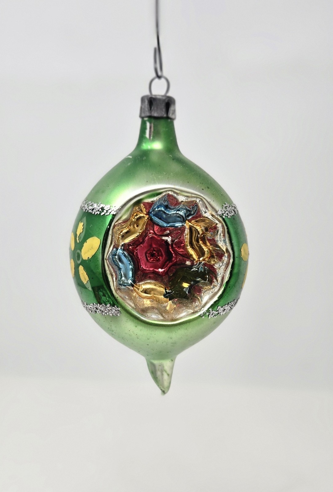 Vintage Glass Christmas Ornament Green Indent Reflector Hand Painted 3 Vintage Glass Christmas Ornament Green Indent Reflector Hand Painted 3