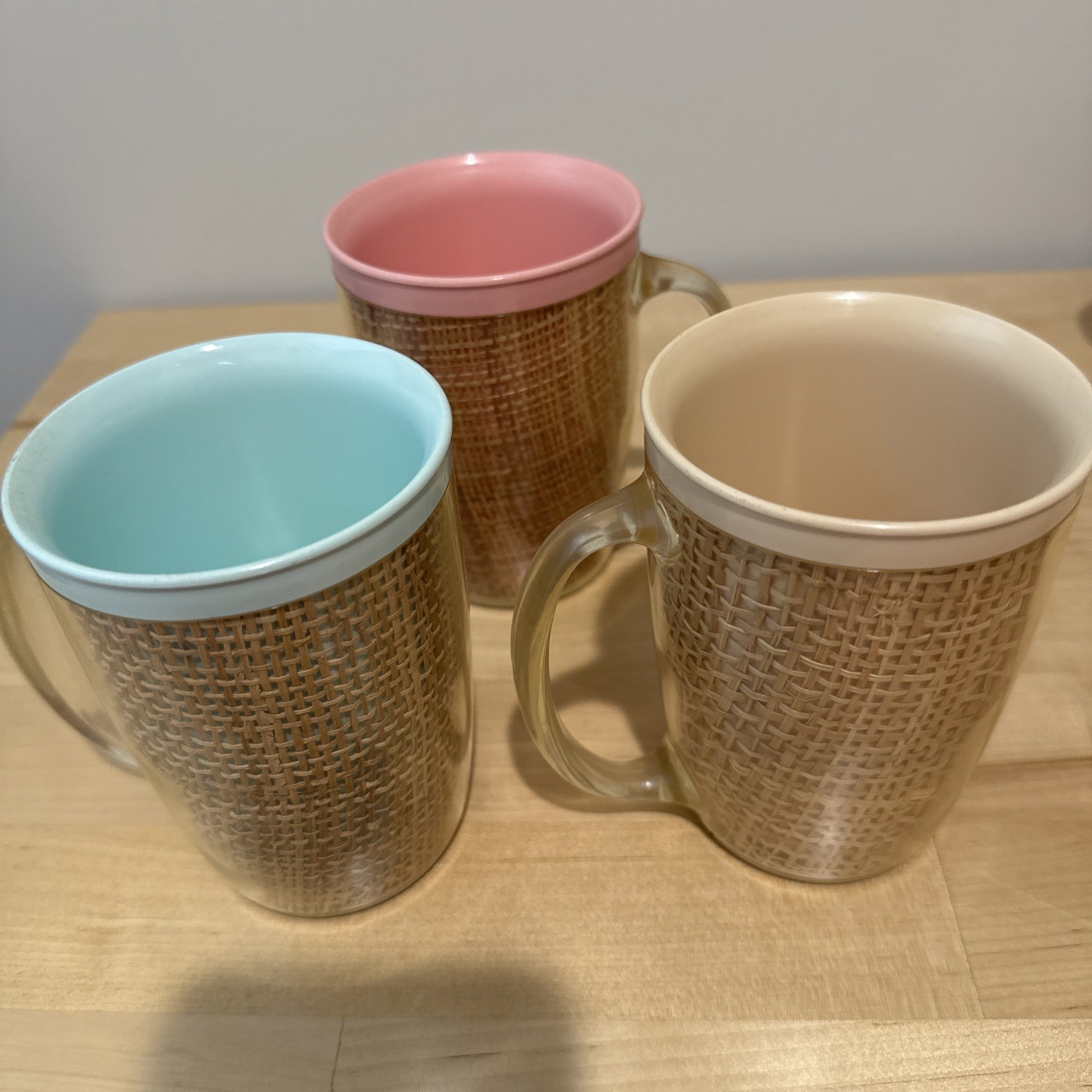 Set Of 3 VTG Raffiaware Cup Insulated Burlap Raffia Insert Retro Great Colors Set Of 3 VTG Raffiaware Cup Insulated Burlap Raffia Insert Retro Great Colors