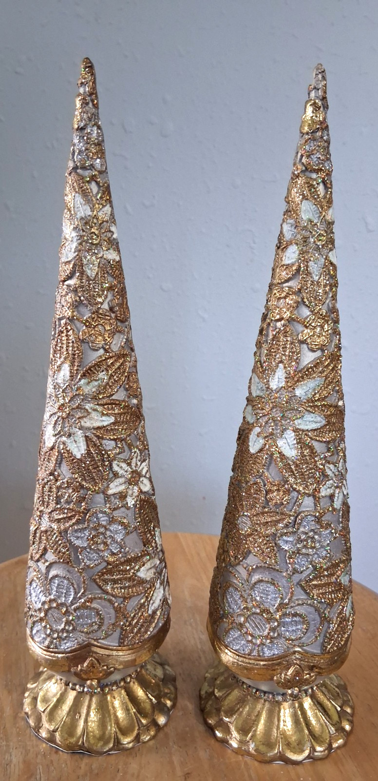 Set of 2 ZODAX Silver & Gold 10” Slender Christmas Trees with Ornate Pedestal