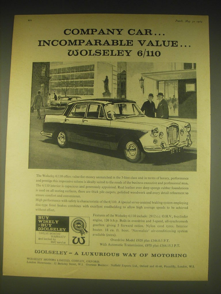1962 Wolseley 6/110 Car Ad - Company car.. Incomparable value.. Wolseley 6/110
