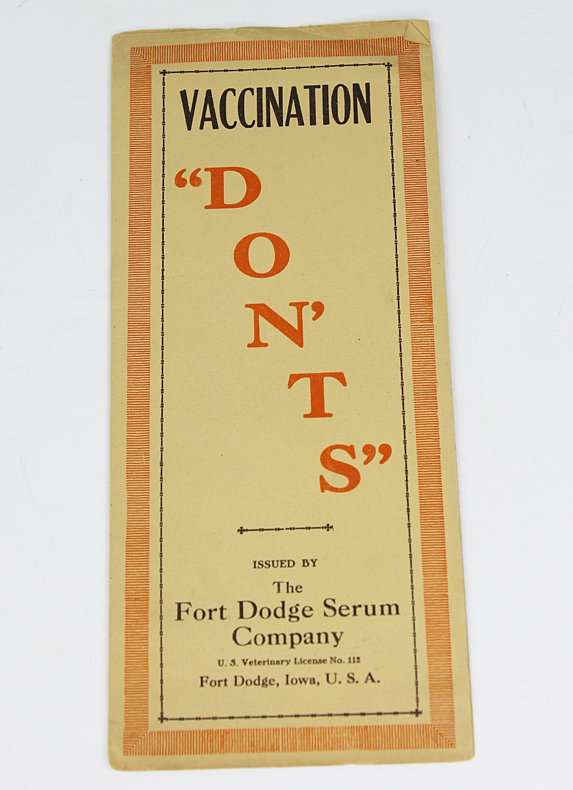 VACCINATION DONT'S Vintage Pamphlet 1920s Fort Dodge Serum Company & Postcard VACCINATION DONT'S Vintage Pamphlet 1920s Fort Dodge Serum Company & Postcard