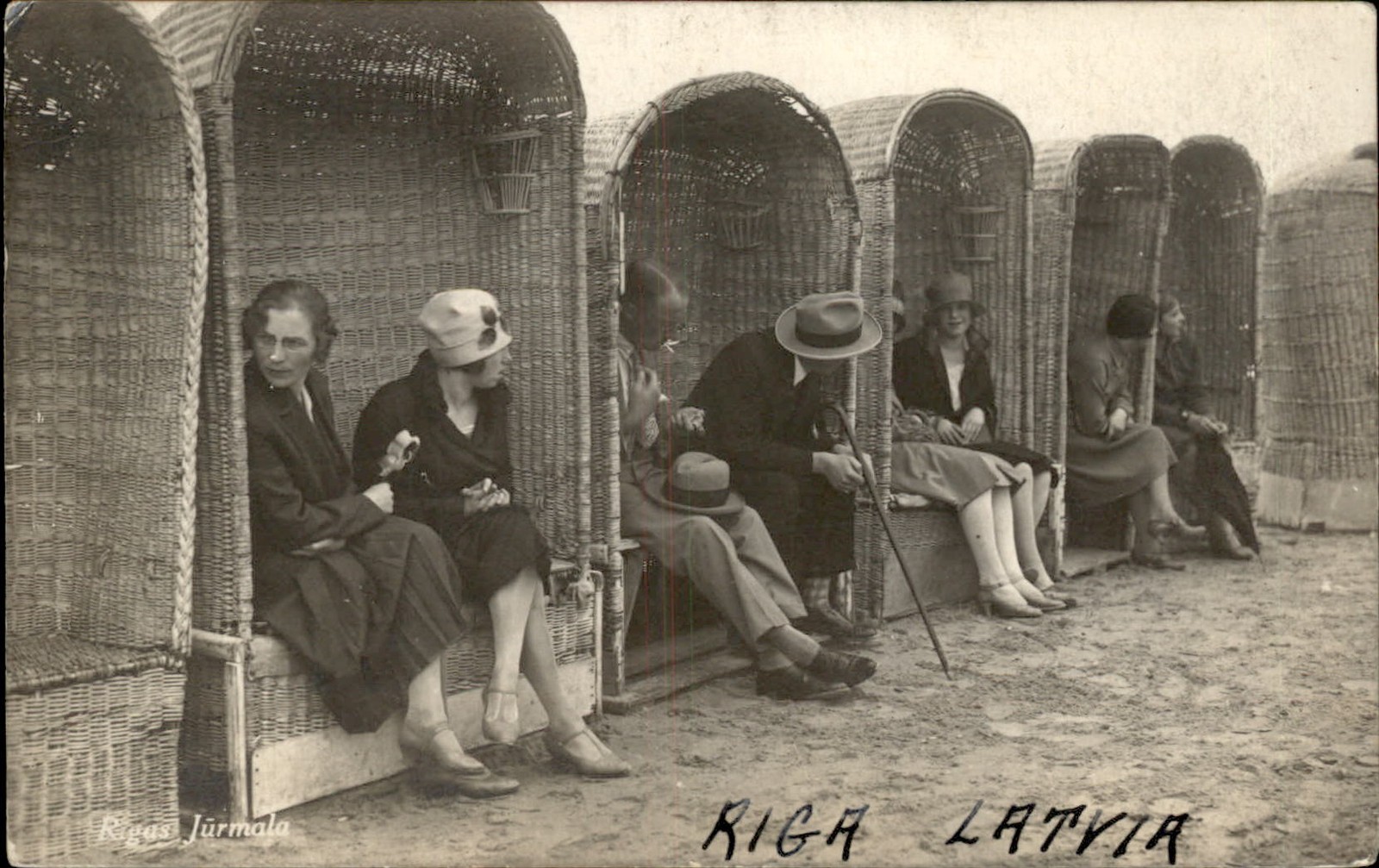 Riga Latvia Beach Wicker Beach Chairs A. Jurmala c1920s Real Photo Postcard bhn