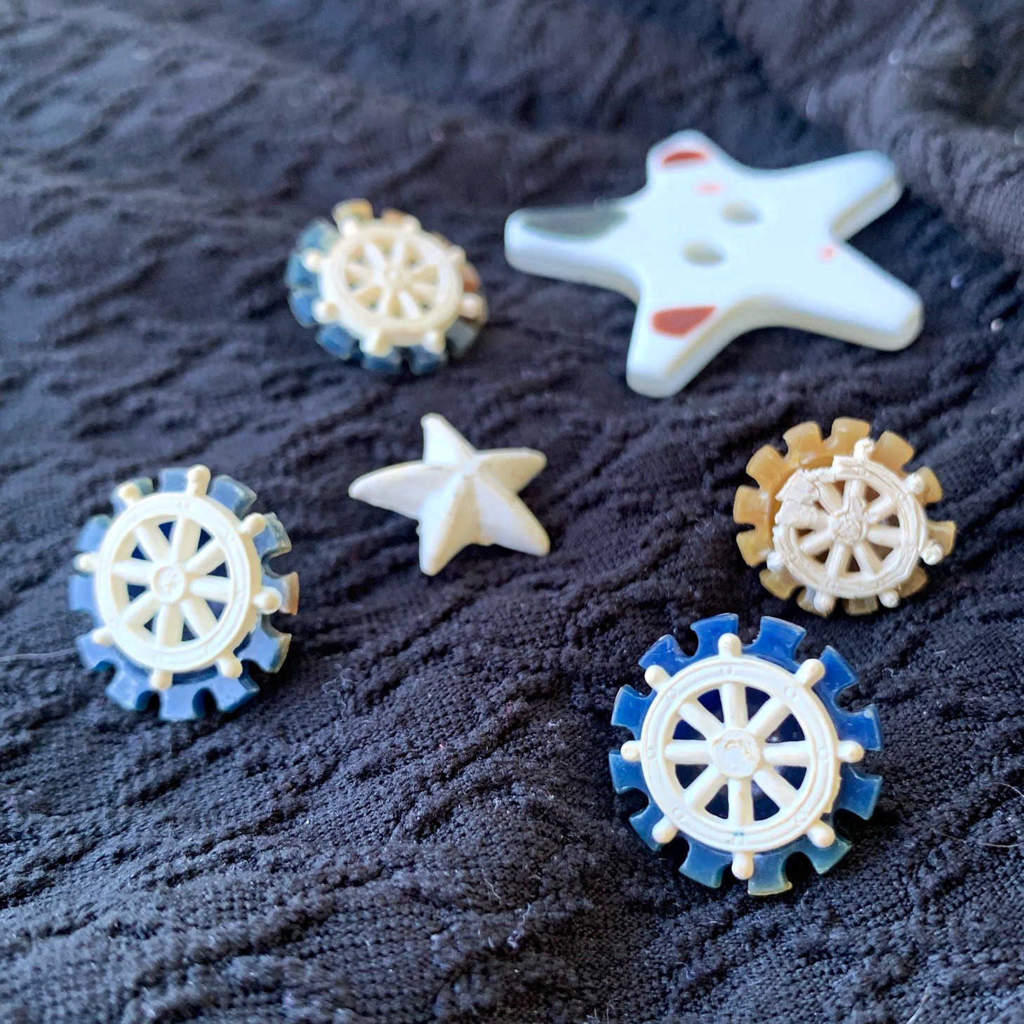 Vintage Nautical Button Lot of 6 Ship Wheels & Stars Blue Cream Ocean Celluloid? Vintage Nautical Button Lot of 6 Ship Wheels & Stars Blue Cream Ocean Celluloid?