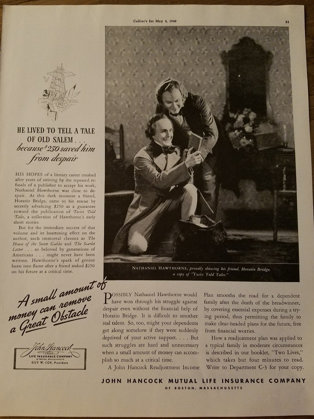 1940 John Hancock insurance Nathaniel Hawthorne twice-told tales book ad