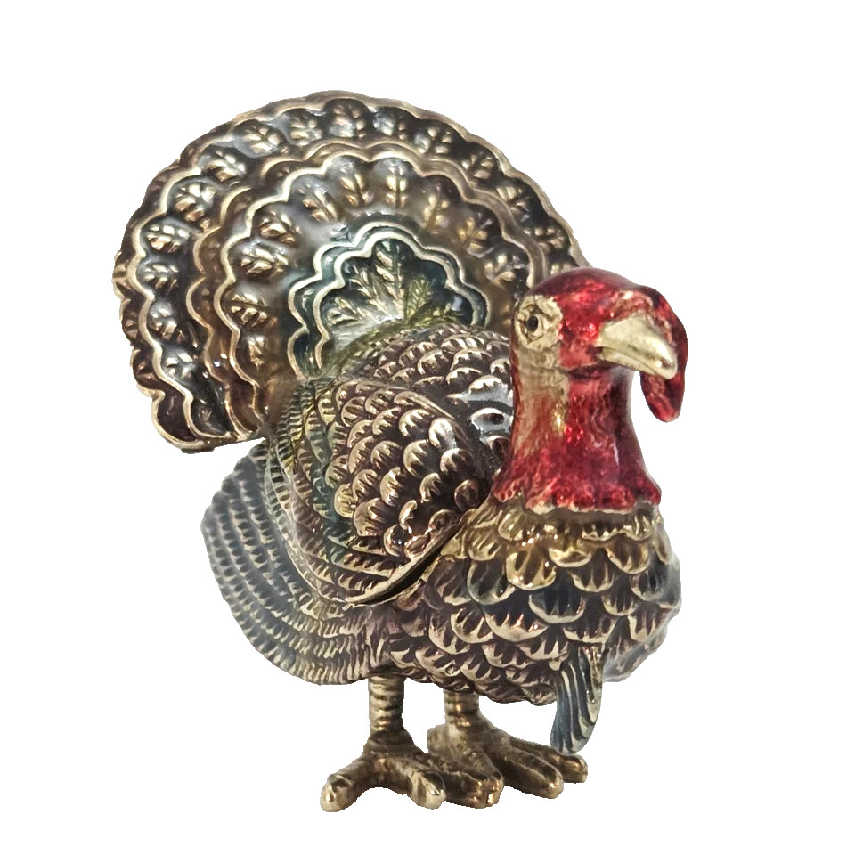 Monet Turkey Trinket Box Enamel Gold Tone Thanksgiving Decor Bird Hinged Vintage