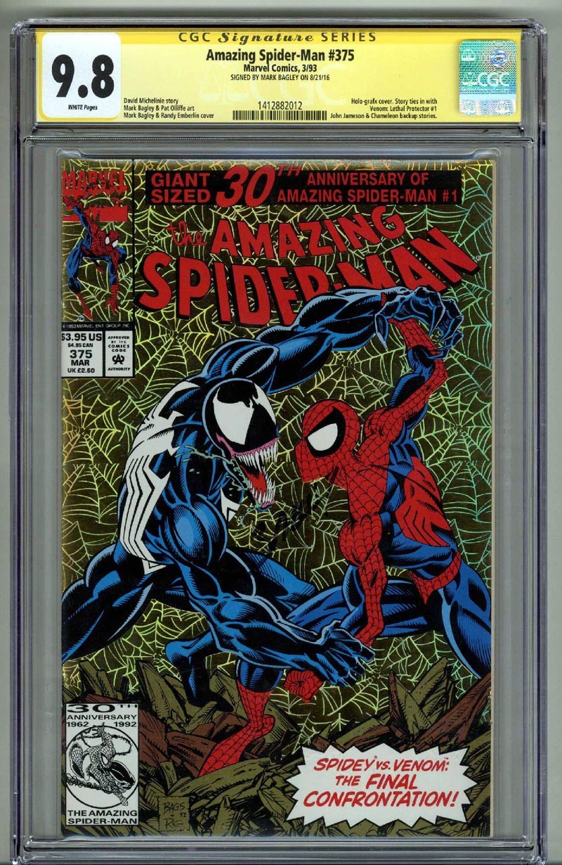 AMAZING SPIDER MAN #375 CGC 9.8 SS SIGNED MARK BAGLEY GOLD HOLO-GRAFX VENOM RARE