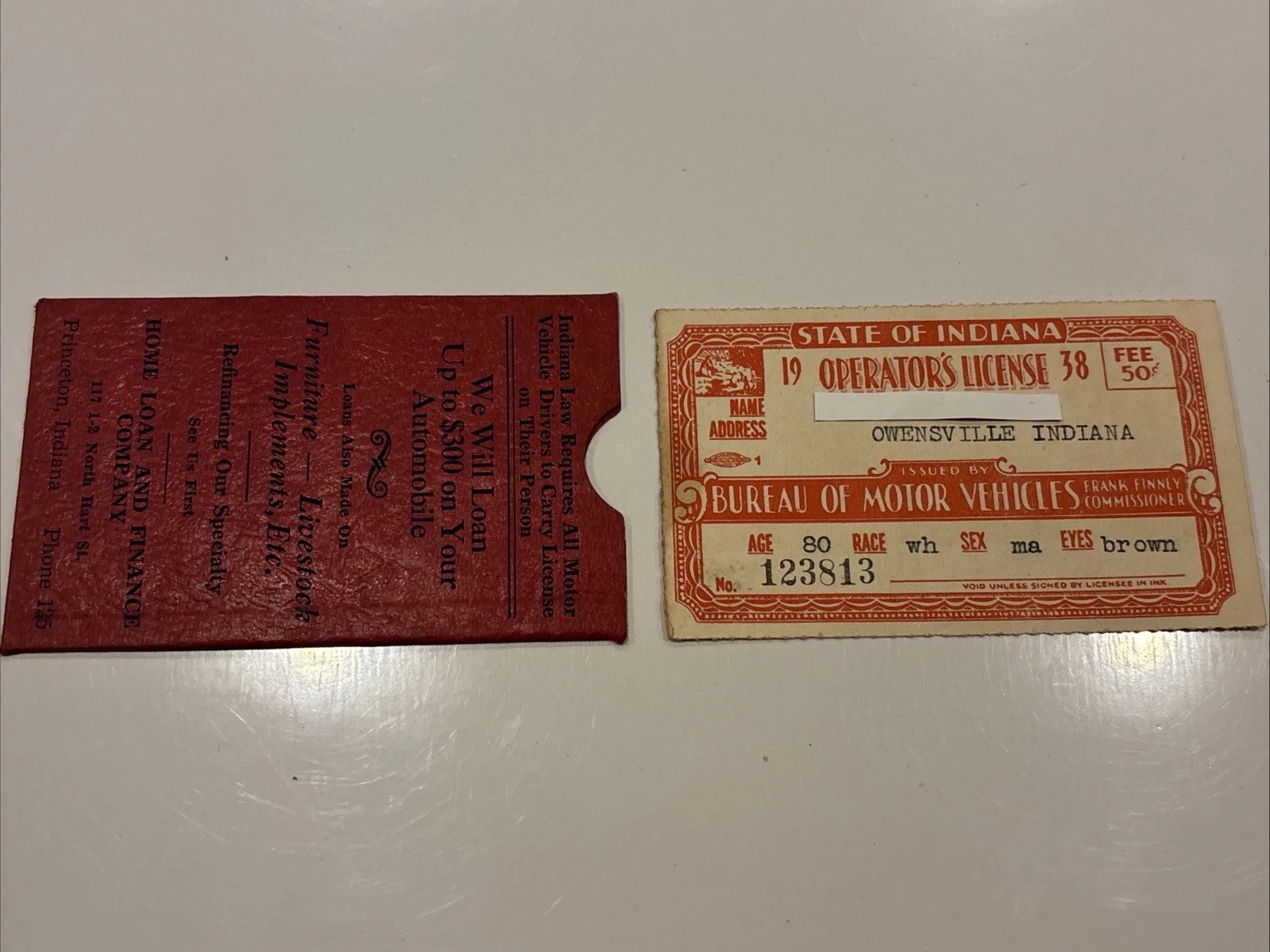 Vintage 1938 INDIANA Operators Drivers License Owensville Ind With Holder