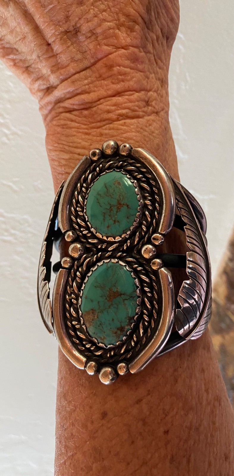 Large Old Pawn Bracelet Amazing Cerrillos Turquoise -1950's Large Old Pawn Bracelet Amazing Cerrillos Turquoise -1950's