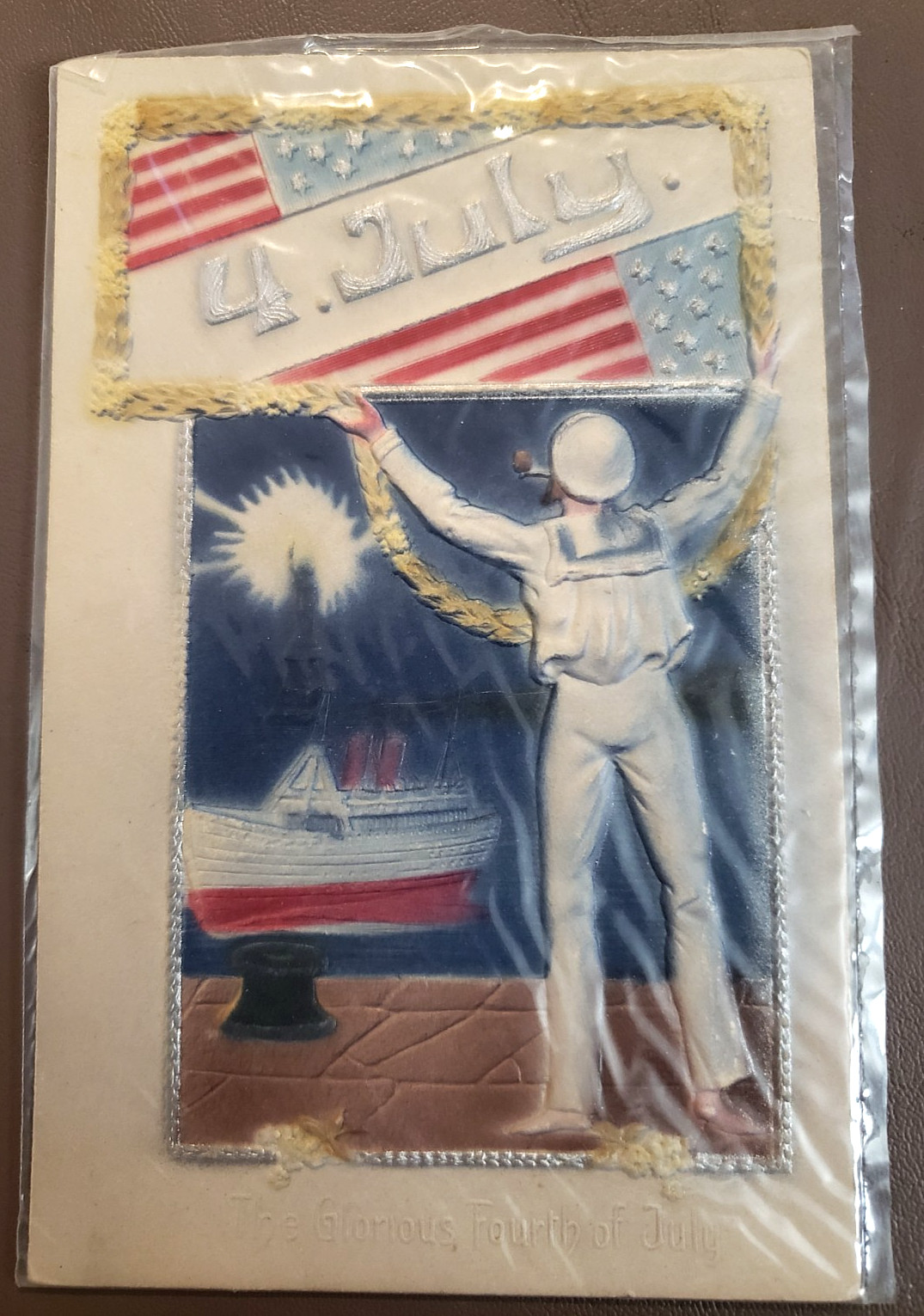 Vtg Unposted Postcard Silver Embossed Navy Sailor Glorious 4th of July Liberty