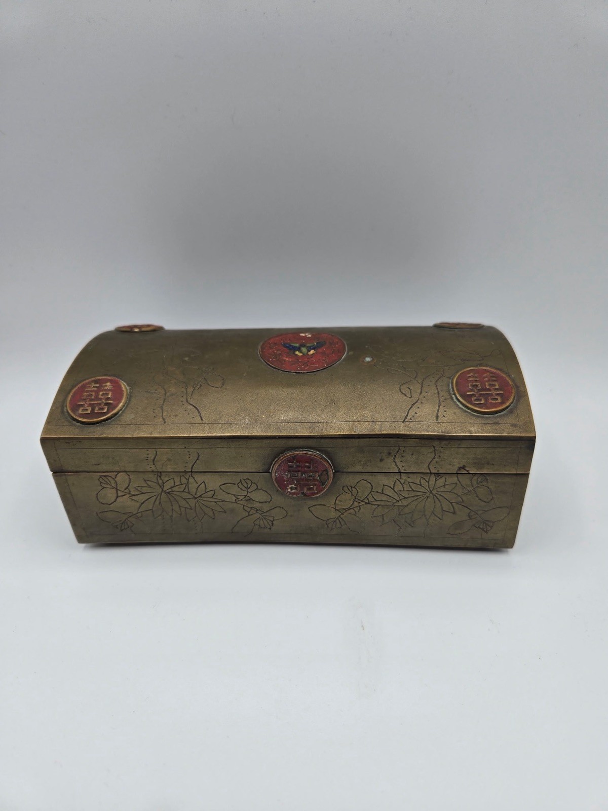 Vintage Chinese Brass Trinket Box With Red Cloisonné Inlays & Floral Engravings Vintage Chinese Brass Trinket Box With Red Cloisonné Inlays & Floral Engravings
