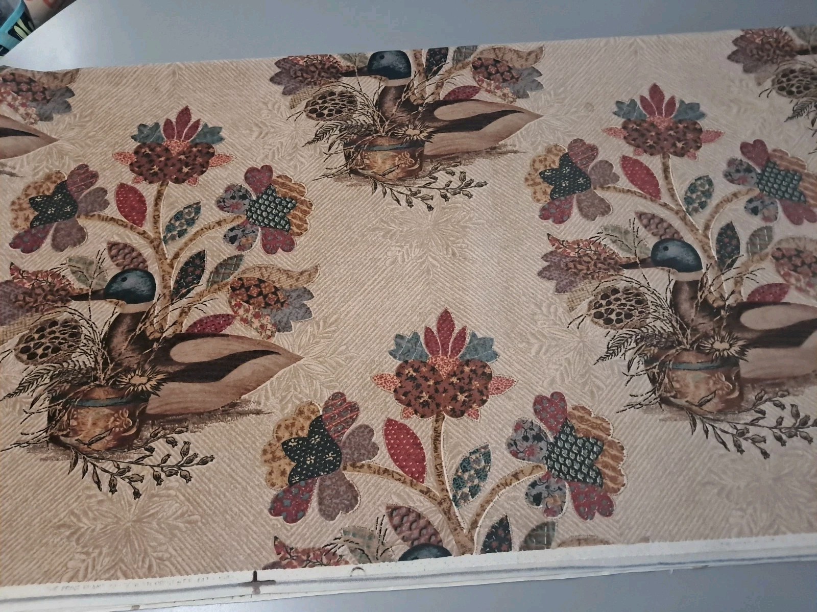 VTG Croscill? Beige Floral Mallard Duck Upholstery Heavy Fabric 3.4 YRDS 57