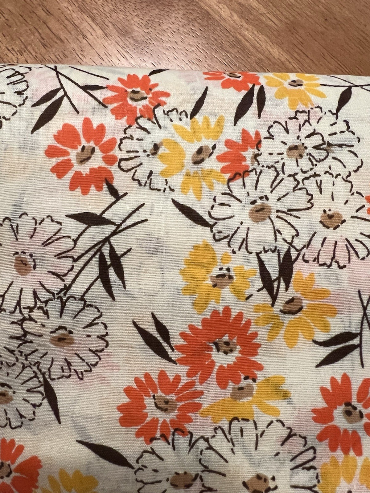 Vintage MCM Floral Fabric Orange Yellow Black Daisies 3.5 Yards x 36