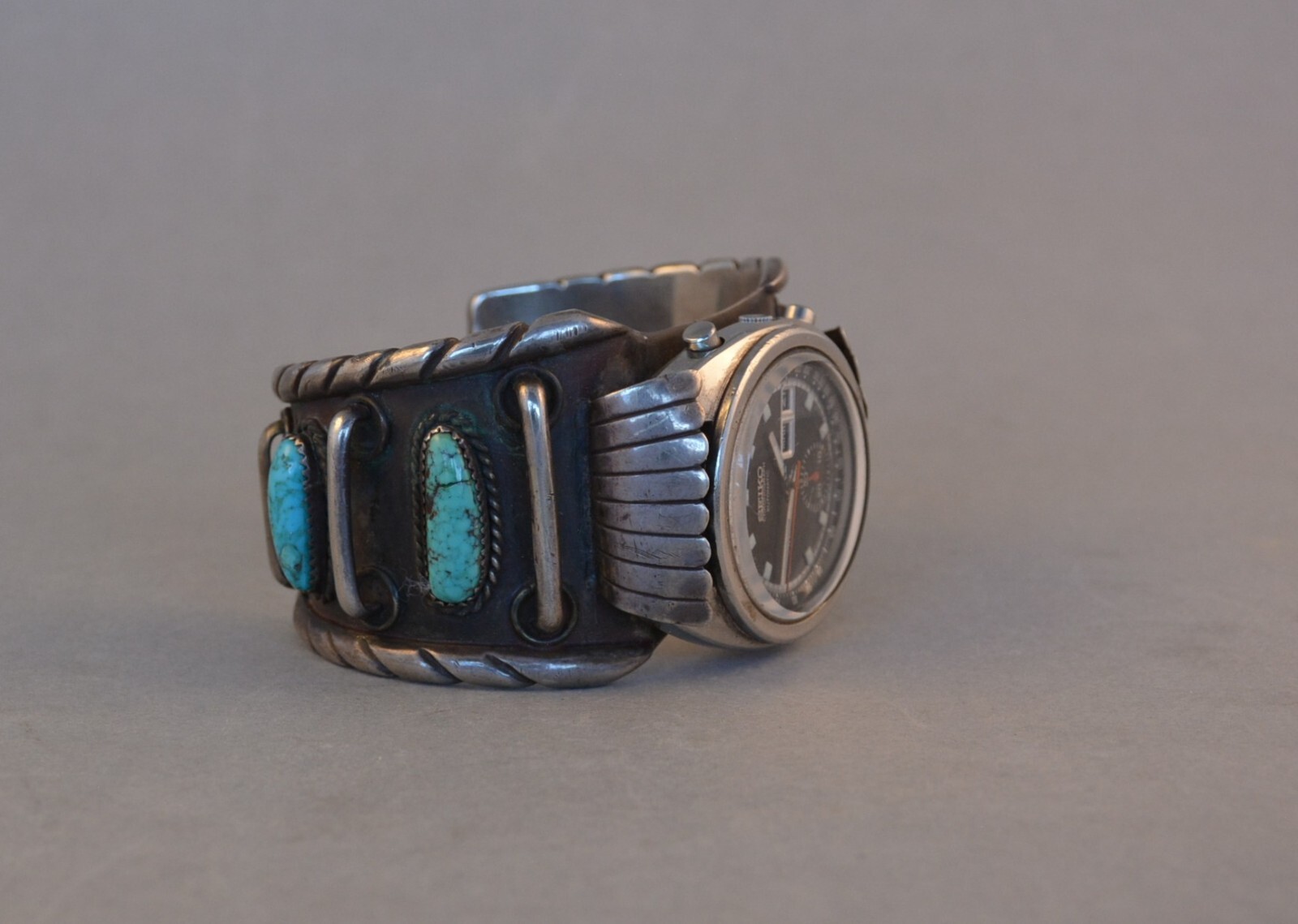 Vtg Navajo Silver Turquoise Mens Watch Bracelet Cuff 1970s Seiko Watch - 7 1/8 Vtg Navajo Silver Turquoise Mens Watch Bracelet Cuff 1970s Seiko Watch - 7 1/8