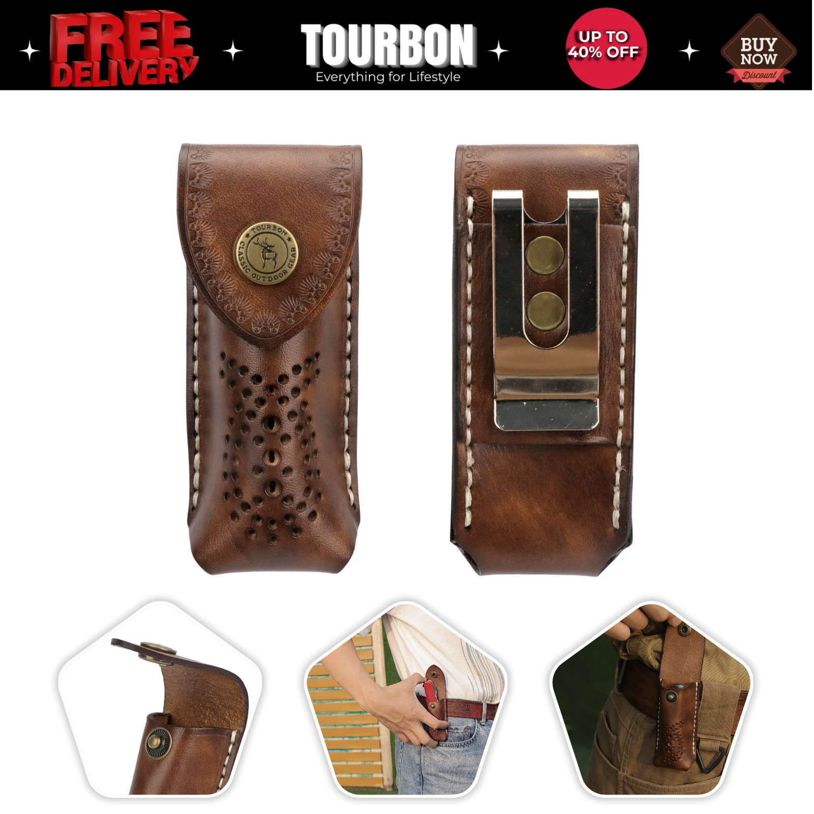 Tourbon Genuine Leather Pocket Knife Sheath EDC Belt Clip Folding Blade Holder Tourbon Genuine Leather Pocket Knife Sheath EDC Belt Clip Folding Blade Holder
