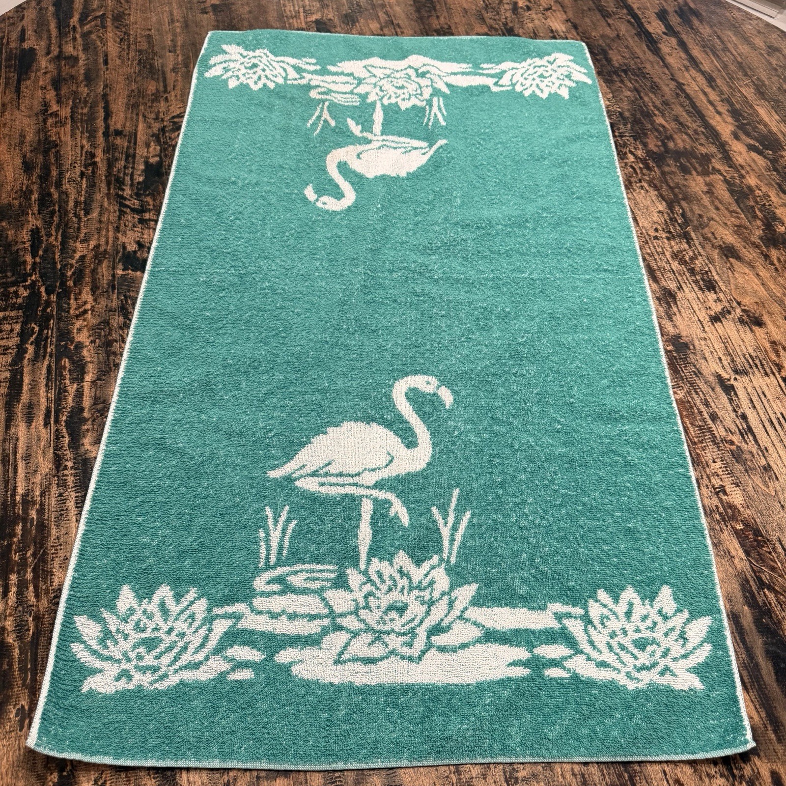 Vintage 1950s 1960s Flamingo Lily Pad Terrycloth Towel Teal Reversible MCM 24x40