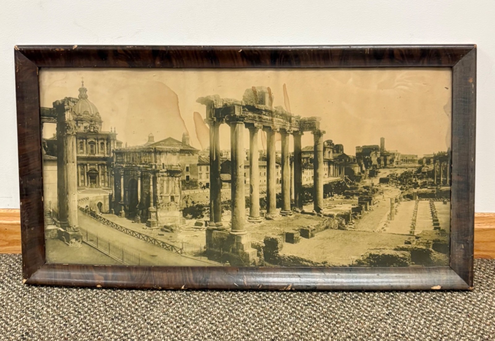 Antique Wooden Framed Photograph Print of the Roman Forum Temple in Rome, Italy