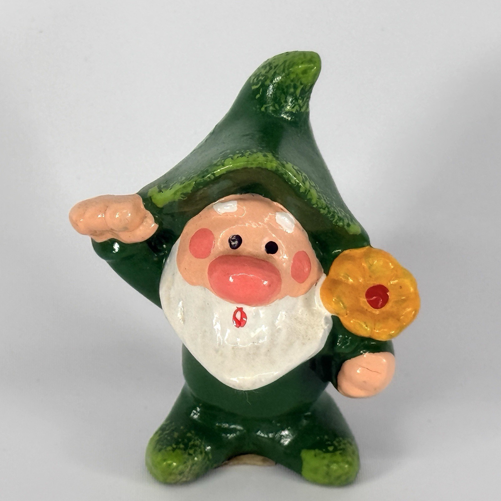 Vintage Napcoware Gnome Figurine Green Hat Yellow Flower Sticker
