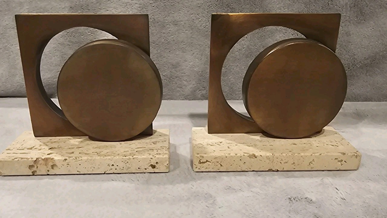 Vintage 1971 William Macowski Bookends MCM Brutalist Architectural Travertine Vintage 1971 William Macowski Bookends MCM Brutalist Architectural Travertine